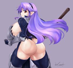 armor armor_knight_(disgaea) ass backboob boots bottomless breasts curvy disgaea disgaea_5 disgaea_d2 female from_behind gauntlets gigantic_breasts huge_ass huge_breasts hyper_breasts kermund large_breasts leotard long_hair looking_at_viewer looking_back nippon_ichi_software purple_hair red_eyes shiny shiny_hair shiny_skin sideboob solo spear standing thick_thighs thigh_boots thighhighs thighs very_long_hair weapon