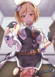 1boy 1boy1girl assertive bangs bare_shoulders belt between_breasts big_breasts black_dress black_gloves black_hairband black_legwear blonde_hair blush breasts brown_eyes censored clothed_sex condom condom_in_mouth condom_on_penis condom_wrapper covered_nipples cowgirl_position djeeta_(granblue_fantasy) djeeta_(granblue_fantasy)_(doctor) doctor_(granblue_fantasy) dress female gloves granblue_fantasy hairband happy_sex heart heart-shaped_pupils highres holding holding_condom impossible_clothes indoors labcoat large_breasts long_sleeves looking_at_viewer loose_belt male mosaic_censoring mouth_hold necktie necktie_between_breasts pantyhose penis pov pov_eye_contact pussy red_neckwear sex short_dress short_hair sleeveless sleeveless_dress smile solo_focus spread_legs stethoscope straddling straight sweat symbol-shaped_pupils test_tube thigh_strap torn_clothes torn_legwear used_condom utility_belt vaginal_penetration yasojima_nejiro