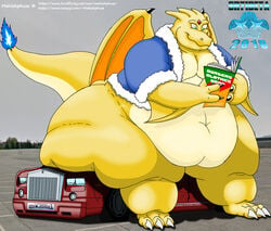 1boy anthro ass belly car carpark clothed clothing crush dragon flaming_hair furry hi_res male male_only mehlahphuse morbidly_obese no_humans obese overweight overweight_male reading rolls-royce scalie sitting smile solo sr71beta vehicle