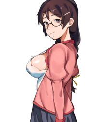 1girls bakemonogatari big_breasts breasts cleavage female female_only glasses hanekawa_tsubasa large_breasts looking_at_viewer monogatari_(series) roropull sideboob smile solo twin_braids