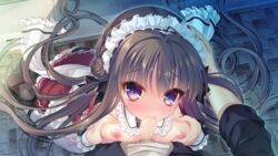 blush boukyaku_shitsuji_to_koi_suru_ojou-sama_no_memoir breasts brown_hair campus censored chidori_hinano clothing dress fellatio game_cg headdress lolita_fashion long_hair nipples oral_sex outercourse paizuri panties penis purple_eyes rubi-sama thighhighs underwear