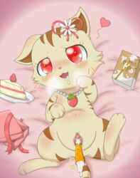 breath brown_body brown_fur cake domestic_cat eyelashes felid feline felis food fur heart hi_res improvised_sex_toy jewelpet jewelpet_(species) jewelry looking_at_viewer lying mammal necklace open_mouth penetration red_eyes sango_(jewelpet) sanrio smile tan_body tan_fur vaginal_penetration ドリームメーカー（ワタナベ）