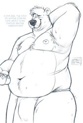 2019 anthro balls baloo barely_visible_balls barely_visible_genitalia belly bodily_fluids clothing disney english_text hi_res humanoid_hands loincloth male male_only mammal mayku monochrome moobs nipples overweight overweight_male simple_background solo sweat text the_jungle_book ursid white_background