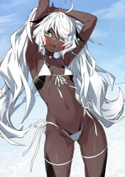 1girls bikini dark-skinned_female female green_eyes original takanashi_kei_(hitsujikan) white_hair