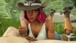 1boy 1girls 3d animated boots brown_eyes calamity_(fortnite) clothed clothed_female_nude_male clothing cowboy_hat cowgirl cowgirl_outfit dark-skinned_female dark_skin feet_up female forest fortnite fully_clothed fully_clothed_female handjob interracial kaegantonovich legs_up looking_at_viewer male/female no_sound oral penis penis_kiss pink_hair straight tagme teasing video