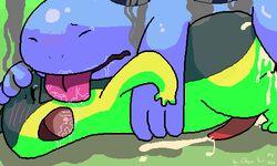 2boys amphibian anal anal_sex blue_skin blush bodily_fluids chan_(artist) closed_eyes cum cum_inside cum_on_body cum_on_leg duo erection feral furry gay genital_fluids green_fur hands-free interspecies larger_male licking low_res male male_only nintendo open_mouth orgasm penetration penis pokémon_(species) pokemon pokemon_(species) pokemon_gsc quagsire quilava saliva sex size_difference smaller_male tapering_penis text tongue tongue_out video_games watermark wide_hips yaoi