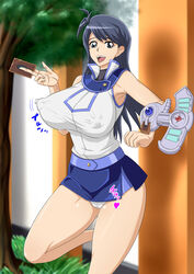 1girls :d big_breasts breasts busty card deck duel_disk female huge_breasts japanese_text kylie_(yu-gi-oh!_duel_links) large_breasts long_hair miniskirt nipple_bulge obelisk_blue_uniform one_eye_closed panties smile thick thick_legs thick_thighs voluptuous white_panties yu-gi-oh! yu-gi-oh!_duel_links