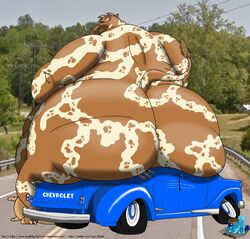 1boy anthro ass balls bovid bovine car cattle chevrolet crush damage from_behind furry hi_res looking_back male male_only mammal morbidly_obese obese overweight sitting solo sr71beta teasing truck udder_balls udders vehicle