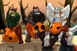 arik_(character) blep bulge canid canine cervid dragon fierglief fierglief_(character) fog food fox fruit halloween hassburg_(character) hi_res holidays hyper hyper_bulge hyper_penis male_only mammal penis plant podium pumpkin sckhar_(character) tongue tongue_out tree tyrse_(character) wings