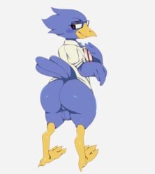 2019 3_fingers 4_toes anisodactyl anthro ass avian backsack balls beak berdly big_ass big_butt bird_feet blue_balls blue_body blue_feathers blush book bottomless brown_eyes bubble_butt butt_focus clothed clothing conditional_dnp crybleat deltarune digital_media_(artwork) eyewear feathers femboy feminine_male fingers full-length_portrait fur furry furry_only girly glasses half-closed_eyes hi_res holding_book holding_object looking_at_viewer looking_back male male_only partially_clothed perineum portrait raised_tail seductive_smile shirt simple_background smile solo standing tail_feathers talons thick_thighs toes topwear trap video_games white_background