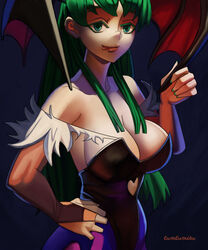 1girls big_breasts breasts cleavage clothing darkstalkers female female_only green_hair large_breasts looking_at_viewer morrigan_aensland pointy_chin solo succubus tumtumisu