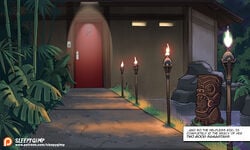 comic detailed_background door fire night original outdoors sidewalk sleepygimp tiki_torch