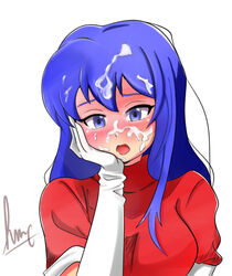 blue_eyes blue_hair blush caeda_(fire_emblem) clothed clothing cum cum_on_face cum_on_hair embarrassed facial female female_only fire_emblem fire_emblem:_mystery_of_the_emblem fire_emblem:_shadow_dragon_and_the_blade_of_light fully_clothed gloves hameneko long_hair open_mouth semen solo white_background white_gloves