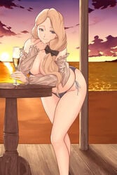 1girls alcohol alternate_costume amiba_(nerdamiba) ass bare_legs bare_shoulders bare_thighs beach bent_over big_ass big_breasts bikini bikini_bottom black_bikini black_bow black_swimsuit blonde_female blonde_hair blue_eyes bow breasts child_bearing_hips cleavage closed_mouth cloud collarbone commentary_request cup curvy drink drinking_glass evening feet_out_of_frame female female_only fire_emblem fire_emblem:_three_houses frilled_sleeves frills glass gradient_sky grey_shirt groin hair_bow hair_over_shoulder hair_ribbon highres hips human human_only large_breasts leaning leaning_on_object leaning_on_table legs light-skinned_female light_skin long_hair long_legs long_sleeves looking_at_viewer loving_gaze loving_look mercedes_von_martritz nintendo ocean off_shoulder open_clothes open_shirt partial_commentary ponytail purple_sky romantic romantic_ambiance sea serene shirt shore side-tie_bikini side-tie_bikini_bottom side-tie_bottom side-tie_swimsuit side_ponytail sky smile solo source_larger standing striped striped_bow sun sunlight sunset swimsuit table thighs water wide_hips wine_glass wooden_floor