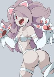 1girls alternate_costume animal_ears ass big_ass breasts cat_ears cat_tail claws cosplay darkstalkers felicia_(darkstalkers)_(cosplay) female_only huge_ass impossible_clothes little_witch_academia long_hair looking_at_viewer medium_breasts oerba_yun_fang popopo purple_hair red_eyes revealing_clothes smile solo source_request sucy_manbavaran