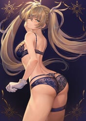 1girls arm_up ass ass_focus back bangs bare_shoulders blonde_hair blue_bra blue_eyes blue_lingerie blue_panties blush bra bradamante_(fate) braid breasts cowboy_shot eye_contact eyebrows_visible_through_hair fate/grand_order fate_(series) female female_ass female_only french_braid gloves gradient gradient_background hair_between_eyes hair_over_one_eye half-closed_eyes highres large_breasts lingerie long_hair looking_at_viewer mashu_003 panties parted_lips pose purple_background see-through shoulder_blades sidelocks solo thick_thighs thigh_strap thighs twintails type-moon underwear underwear_only very_long_hair white_gloves wide_hips