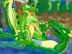 3_toes 4:3 4_fingers blue_eyes bodily_fluids breasts cum dragon dragon_of_razors dragoness drale female fingers forest genital_fluids male open_mouth pussy straight surfing_charizard toes tree vaginal_penetration waterfall yellow_sclera