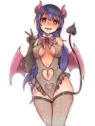 absurdres anchan arm_behind_back bangs black_gloves blue_hair blush bow bowtie breasts brown_eyes corruption covered_nipples cum cum_in_mouth cum_on_tongue cumdrip demon_girl demon_horns demon_tail demon_wings elbow_gloves eyebrows_visible_through_hair female fishnet_legwear fishnets frills gloves hair_between_eyes heart heart-shaped_pupils highres horns knees_together leotard long_hair looking_at_viewer love_live! love_live!_school_idol_project medium_breasts navel navel_cutout nipples open_mouth pubic_tattoo pussy red_bow red_neckwear revision see-through sheer_leotard simple_background solo sonoda_umi symbol-shaped_pupils tail tattoo tears thighhighs thighlet tongue tongue_out w white_background wings