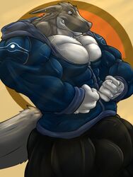 anthro ark_noir_(character) bulge clothing fierglief flexing hi_res hoodie hyper hyper_bulge male_only sergal topwear