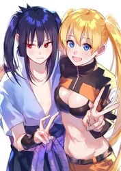 2girls abs bettybebe_09 bikini bikini_top black_bra blonde_hair blue_eyes blue_hair blush bra bracelet canon_genderswap cleavage clothed clothed_female clothes clothing crop_top cute female female_only fully_clothed gender_transformation genderswap genderswap_(mtf) jacket looking_at_viewer looking_away naruko naruto naruto_(series) naruto_shippuden open_mouth peace_sign pose posing red_eyes rule_63 sasuke_uchiha sasuko sharingan shirt_lift shirt_up standing tied_hair twintails uzumaki_naruto yellow_hair