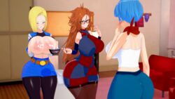 3d 3girls android_18 android_21 android_21_(human) big_breasts blonde_hair blue_eyes blue_hair blush blushing breast_press breasts_together brown_hair bulma_briefs curvaceous curvy curvy_figure dragon_ball dragon_ball_fighterz dragon_ball_z exposed_breasts female female_only glasses hand_on_breast ioncannon1077 koikatsu lactating lactation milf milk_squirt nipples short_hair smile stockings thighhigh_stockings thighhighs voluptuous yellow_hair zettai_ryouiki