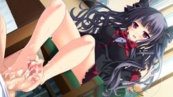 bare_legs barefoot big_breasts black_hair blush bow breasts censored clothed_female clothing cum cum_on_feet dark_hair feet female footjob game_cg imouto_paradise!_2 large_breasts long_hair male mosaic_censoring nanase_shizuku open_mouth penis sitting skirt soles straight toes twintails