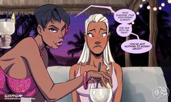 2girls black_hair blush comic dark-skinned_female dark_skin evelina_le_fey highres original original_character sleepygimp violet_white