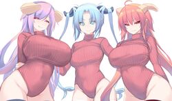 3girls astaroth_(mon-musu_quest!) big_breasts blue_hair breasts demon_girl demon_horns female horns huge_breasts lilith_(mon-musu_quest!) mon-musu_quest! monster_girl monster_girl_quest morrigan_(mon-musu_quest!) multiple_girls official_art purple_hair red_hair shiki_(psychedelic_g2) succubi succubus succubus_horns turtleneck