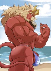 2019 4_fingers ass balls beach beard big_muscles big_penis bulge clothing demon eyebrows eyewear facial_hair fingers gardie_(otukimi) goggles hair horn looking_at_viewer male male_only muscular muscular_male othukimi penis penis_base red_body red_skin sea seaside solo speedo standing swimwear tan_hair thick_eyebrows vein veiny_penis water white_eyes yellow_horn