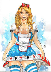 1girls 2019 alice_(wonderland) alice_in_wonderland alice_in_wonderland_(zenescope) alice_liddell big_breasts black_hairband blonde_hair blue_eyes breasts busty cleavage dated dress ed_benes_studio female female_only grimm_fairy_tales_zenescope hairband hairbow holding_dress junior_maia large_breasts lipstick long_hair minidress mushroom nail_polish panties pinup purple_lips purple_lipstick signature solo thighhighs thighs torn_dress white_panties zenescope zettai_ryouiki