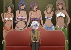 1boy 5girls :d :q aisha_belka arms_behind_back bell_cranel big_breasts bikini_top black_hair blush breasts brown_hair cleavage couch crossed_arms dark-skinned_female dark_skin darkmaya dungeon_ni_deai_wo_motomeru_no_wa_machigatteiru_darou_ka earrings female femdom grin hair_over_one_eye hand_on_hip harem harem_girl heart heart-shaped_pupils high_resolution huge_breasts imminent_gangbang imminent_rape imminent_sex jewelry large_breasts larger_female leisha(danmachi) lena_tally long_hair male medium_breasts meme midriff multiple_girls naughty_face navel necklace nervous open_mouth pale-skinned_male pale_skin pettanko photo-referenced piper_perri_surrounded purple_eyes red_eyes seductive seductive_smile sitting skirt small_breasts smaller_male smile standing symbol-shaped_pupils tongue tongue_out trembling underboob white_hair you_gonna_get_raped