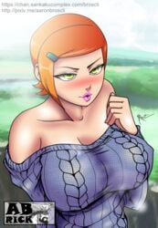 1girls aaron_broscli alternate_breast_size ben_10 big_breasts cleavage curvy erect_nipples female female_only gigantic_breasts green_eyes gwen_tennyson huge_areolae huge_breasts large_breasts orange_hair puffy_nipples red_hair short_hair sweater thick_lips voluptuous