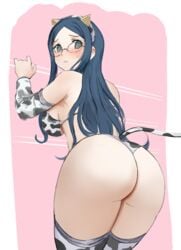 1girls ass big_ass blushing busty cow_ears cow_print cow_tail danganronpa glasses looking_back new_danganronpa_v3 qosic shirogane_tsumugi sideboob solo stockings straight_hair thick_thighs thighhighs