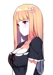 blonde_hair blue_eyes blush breasts butterfly_hair_ornament caidychen cleavage frilled_sleeves large_breasts long_hair pale_skin