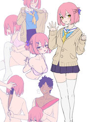 1semuy bra bra_removed breasts brown_hair brown_skin cardigan disguise female gender_transformation gold_eyes long_sleeves male pink_hair school_uniform schoolgirl second_bodysuit short_hair short_skirt skinsuit skirt sweating tagme taking_clothes_off thigh_socks trap undressing undressing_self zipper zipper_down zipper_pull_tab