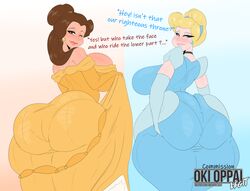 2girls alternate_ass_size artist_name ass ass_in_dress beauty_and_the_beast belle belle_(beauty_and_the_beast) big_ass big_breasts big_butt biting_lip blonde_hair blue_eyes blush breasts brown_eyes brown_hair bubble_ass bubble_butt bursting_breasts choker cinderella_(1950_film) cinderella_(disney) cleavage clothing crossover dat_ass dialogue disney disney_princess dress earrings english_text fat_ass fat_butt female female_only gradient_background huge_ass imminent_facesitting large_breasts looking_at_viewer looking_back multiple_girls okioppai pantylines pleasure_face png princess_dress royalty seductive seductive_look seductive_smile smile smiling thick_ass thick_thighs wide_hips