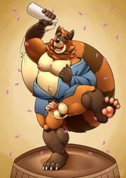 2019 absurd_res anthro balls belly blush bodily_fluids brown_body brown_fur canid canine cum darknessminotaur fur genital_fluids hi_res humanoid_hands humanoid_penis male male_only mammal moobs nipples one_eye_closed overweight overweight_male penis raccoon_dog solo tanuki wink