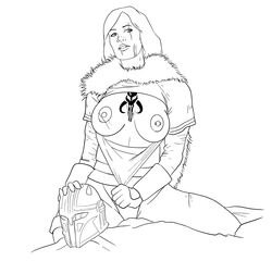 bare_breasts breasts disney+ forge helmet helmet_removed lucasfilm madamebathory mandalorian mandalorian_insignia monochrome nipples pinup pose shirt_down star_wars tattoo the_armorer_(the_mandalorian) the_mandalorian