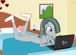 bedroom casual casual_nudity computer friendship_is_magic grey_nipples grey_skin happy_female ironm17 marble_pie_(mlp) my_little_pony nonsexual_nudity nude nude_female nudism nudist on_stomach prone socks socks_only solo_female wholesome