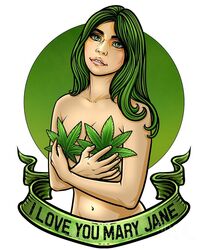 cannabis covered_breasts green_eyes green_hair marijuana naked weed