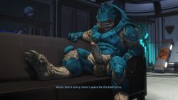 16:9 3d 3d_(artwork) 4k absurd_res alien balls bodily_fluids dialogue foreskin frenulum genital_fluids hi_res humanoid_penis krogan looking_at_viewer male male_only mass_effect multi_balls multi_genitalia muscular muscular_male nude on_couch penis precum presenting presenting_balls presenting_penis retracted_foreskin rooking sitting solo spread_legs spreading uncut unseen_character video_games