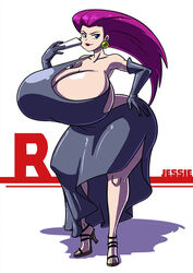 1girls alternate_breast_size alternate_outfit axel-rosered cleavage clothed dress eye_contact female female_only gloves huge_ass huge_breasts human hyper hyper_ass hyper_breasts jessie_(pokemon) lipstick long_hair looking_at_viewer nintendo pokemon pokemon_rgby smile solo text thick_thighs watermark wide_hips