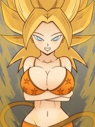 1girls animated animated_gif artistofsluts aura blonde_hair blue_eyes bra breasts caulifla cleavage dragon_ball dragon_ball_super female female_only gif gold_hair green_eyes huge_breasts large_breasts light-skinned_female light_skin long_hair looking_at_viewer presenting saiyan solo spiky_hair super_saiyan