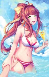 beach bikini brown_hair clothed doki_doki_literature_club green_eyes hair_ribbon happy looking_at_viewer male_pov monika_(doki_doki_literature_club) not_porn ocean open_mouth open_smile pov pov_eye_contact safe safe_for_work sfw smile swimsuit water wholesome wrist_grab