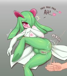 1boy1girl 1girls ambiguous_gender anus areolae artist_name ass breasts dripping_pussy female green_hair hair heart kionant kirlia nintendo nipples pokemon pokemon_(species) pokemon_rse pokephilia pussy pussy_juice slap spanking video_games watermark wet_pussy