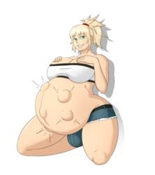 big_breasts blonde_hair bulge crop_top fate/apocrypha fate_(series) fetal_movement futanari intersex jean_shorts modezombie mordred_(fate) pregnant ready_to_pop single_female tagme thick_thighs