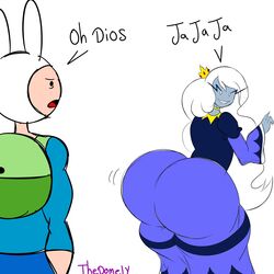 2girls adventure_time ass ass_in_dress ass_shake backpack bag big_ass big_butt blonde_hair blue_body blue_skin bouncing_ass cartoon_network crown female finn_the_human gold_crown golden_crown human ice_queen_(adventure_time) mob_face pale_skin source_request spanish_text tagme thedomely thick_thighs throwing_it_back translation_request twerking white_hair year_request