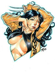 1girls 2019 big_breasts big_breasts black_hair black_shirt breasts brown_eyes busty claws dated ed_benes_studio female female_only fred_benes jacket large_breasts laura_kinney lipstick long_hair marvel marvel_comics metal_claws pinup red_lips red_lipstick shirt shirt_lift signature solo text_on_clothes underboob upper_body x-23 x-men yellow_jacket