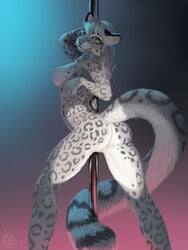 absurd_res anthro breasts dancing felid feline felis female hi_res leopard mammal notdonebaking pantherine pole pussy rear_view snow_leopard solo