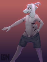 2019 absurd_res anthro asriel_dreemurr bottomwear bovid caprine clothed clothing detailed goat grin hi_res horn lennoxicon looking_at_viewer male male_only mammal penis shorts smile solo standing tattoo topless undertale video_games